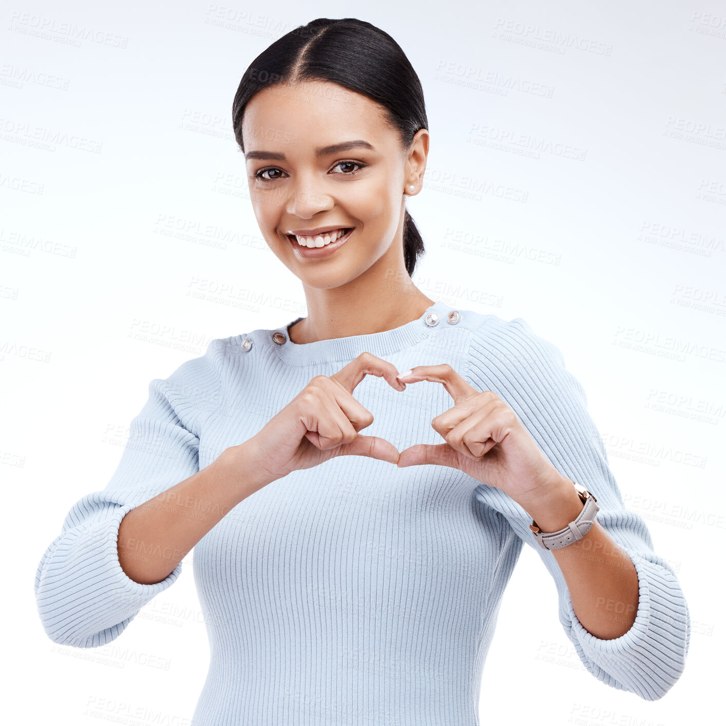 Buy stock photo Face portrait, studio and happy woman with heart hand sign for romantic love, care and support. Valentines day, happiness and isolated person with emoji icon gesture for kindness on white background