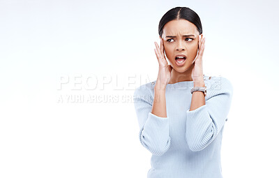 Buy stock photo Shock, confused and face of woman upset with hands on head for advertising, copy space and bad news in studio. Emoji reaction, mockup and isolated girl angry, unhappy and surprise on white background