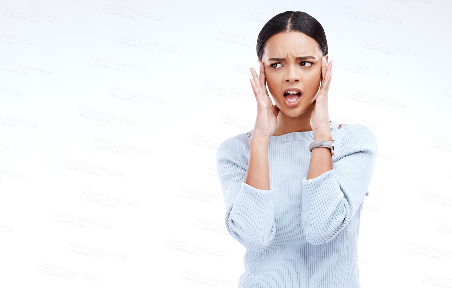Buy stock photo Shock, confused and face of woman upset with hands on head for advertising, copy space and bad news in studio. Emoji reaction, mockup and isolated girl angry, unhappy and surprise on white background