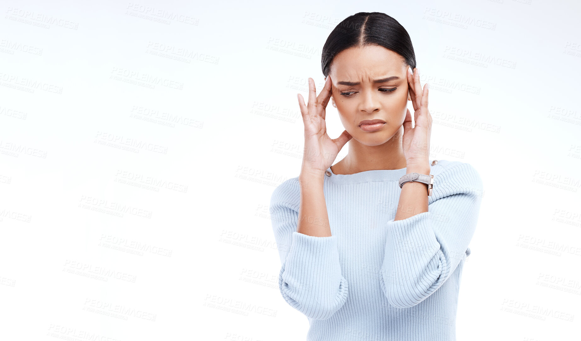 Buy stock photo Sick, woman and pain of headache in white background, isolated studio and mockup. Stress, migraine and female model with anxiety of brain fog, frustrated problem or depression of mental health crisis