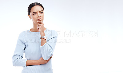 Buy stock photo Thinking, mockup and a woman with a difficult decision isolated on a white background in a studio. Doubt, confused and a corporate employee looking thoughtful about business with space on a backdrop