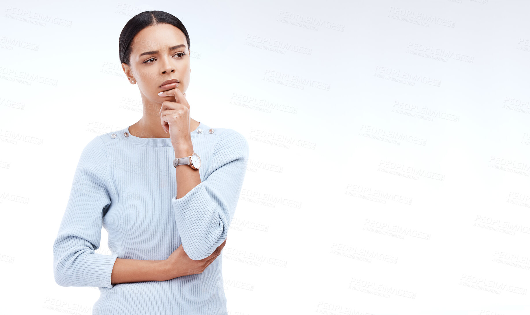 Buy stock photo Thinking, mockup and a woman with a difficult decision isolated on a white background in a studio. Doubt, confused and a corporate employee looking thoughtful about business with space on a backdrop