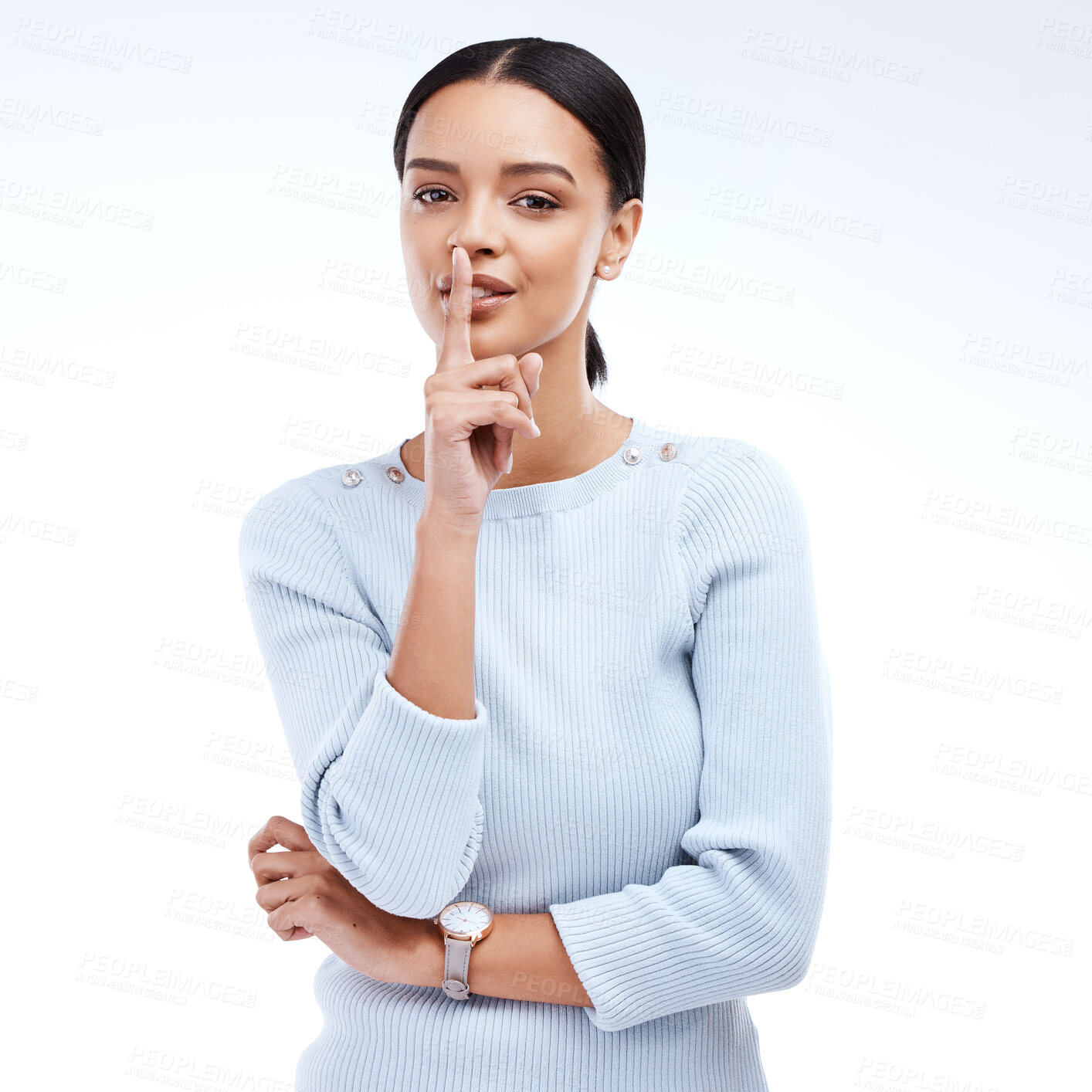 Buy stock photo Woman, secret and portrait in a studio with gossip, confidential news and emoji hand sign. Isolated, white background and female model with shush hands gesture with privacy from drama and whisper