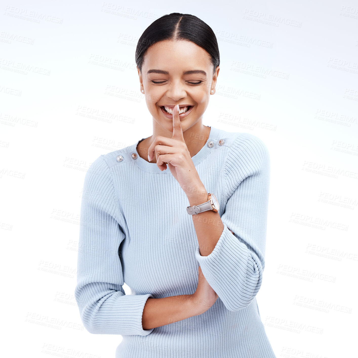 Buy stock photo Woman, secret and studio with finger on lips emoji and a smile for confidential news and gossip. Isolated, white background and young female with a laugh and happiness from announcement and privacy