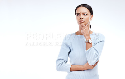 Buy stock photo Thinking, confused and face of woman with mockup for advertising, product placement and copy space in studio. Emoji, doubt and isolated girl with decision, choice and thoughtful on white background