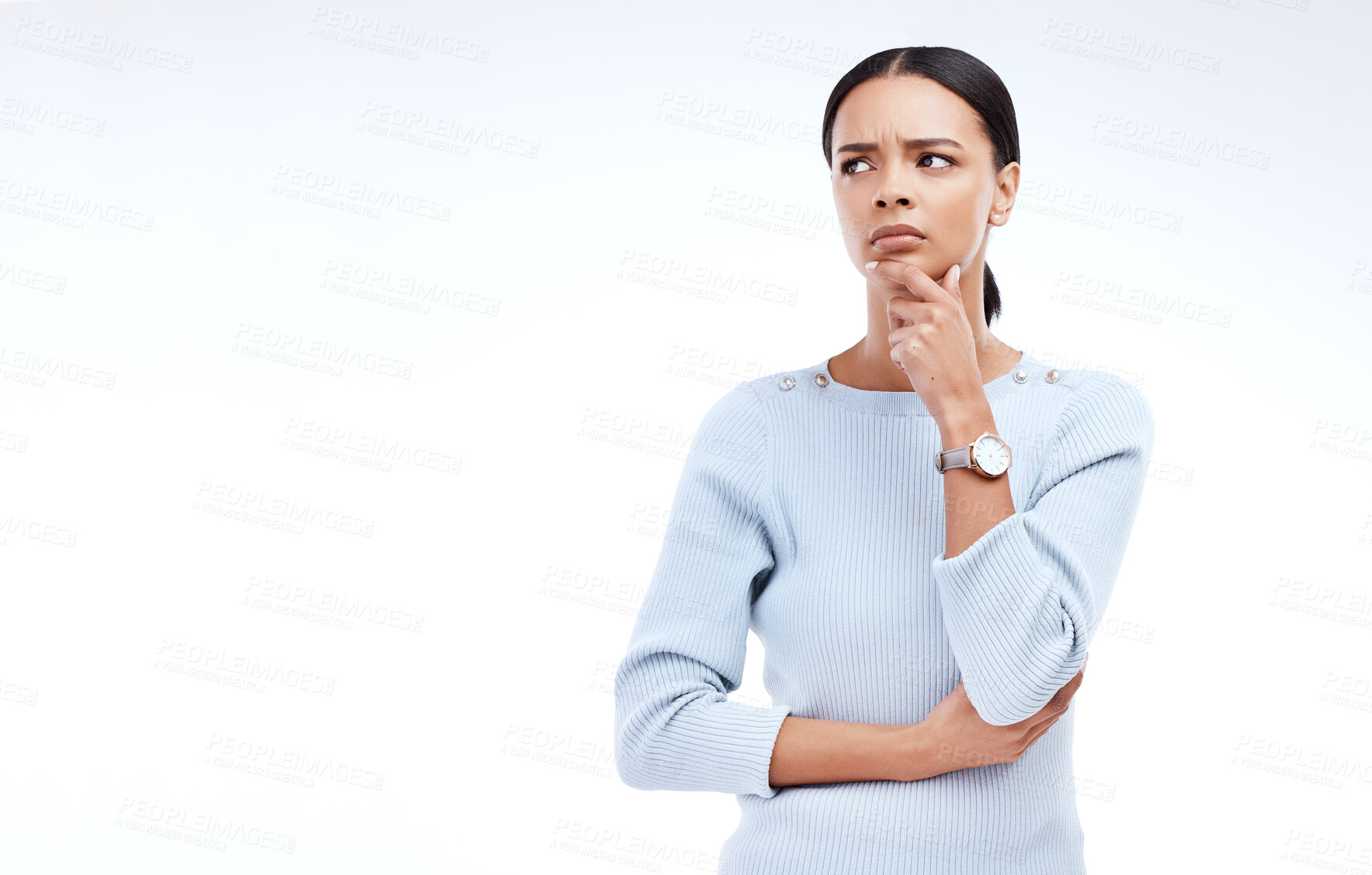 Buy stock photo Thinking, confused and face of woman with mockup for advertising, product placement and copy space in studio. Emoji, doubt and isolated girl with decision, choice and thoughtful on white background