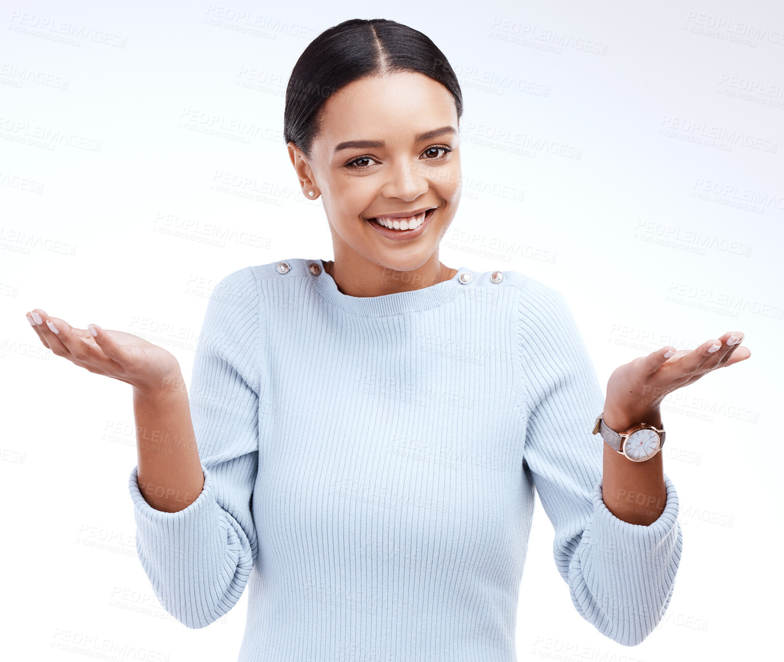 Buy stock photo Portrait, smile and woman shrugging in studio for decision, unsure and deciding against white background. Face, emoji and happy female with hands expression for dont know, choice or mockup reaction 