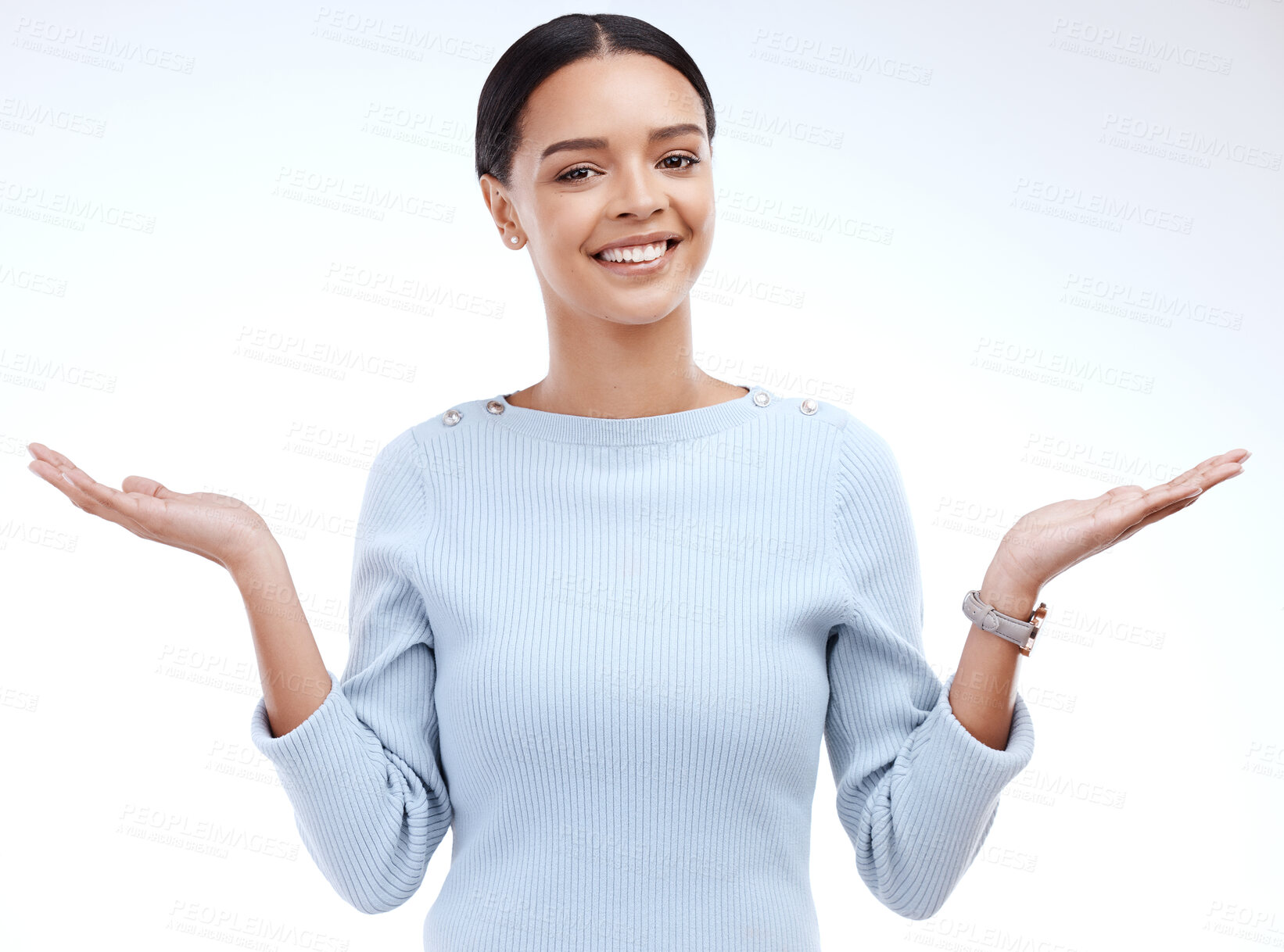 Buy stock photo Smile, portrait and female shrugging in studio for decision, unsure and deciding against white background. Face, emoji and happy woman with hands expression for dont know, choice or why reaction 