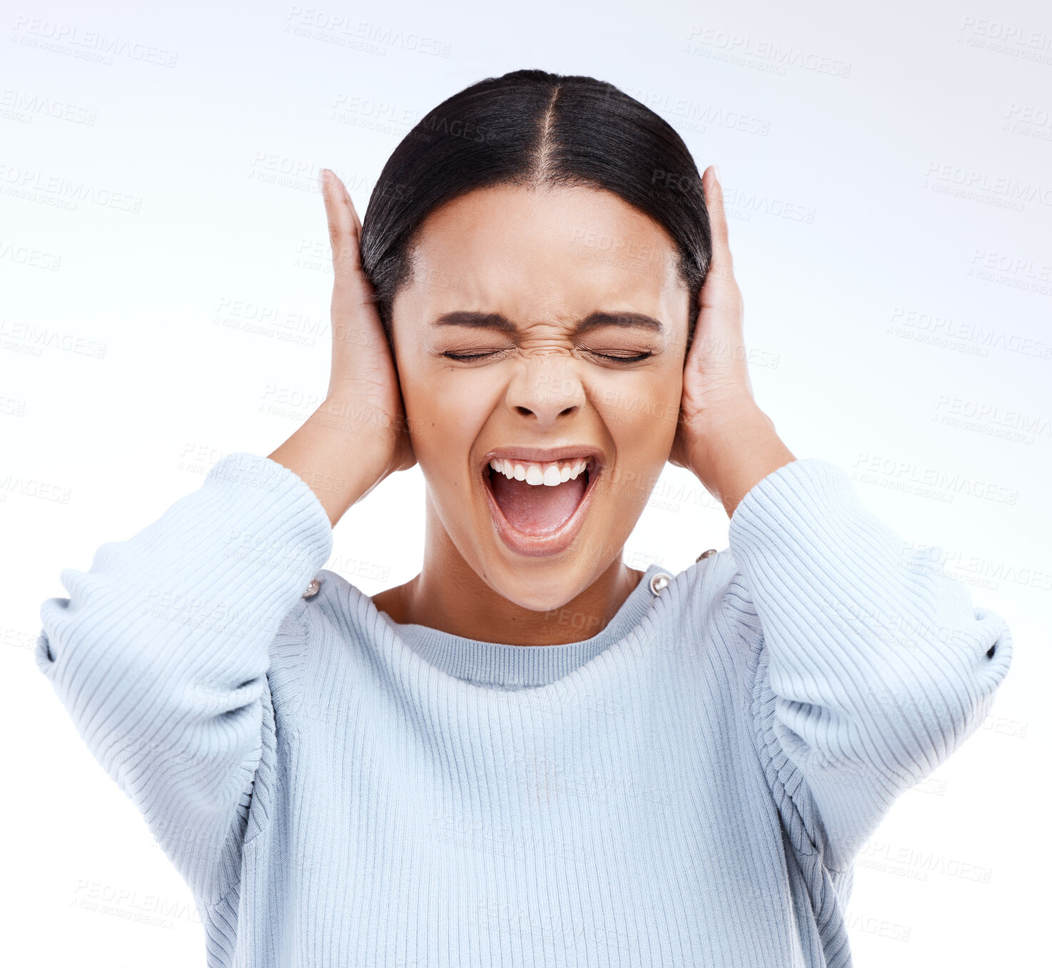 Buy stock photo Shouting, woman and hands on ears for noise, silence or denial gesture on studio white background. Anxiety, face and annoyed girl in stress, ignoring and deaf or wtf, emoji and frustrated expression 