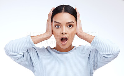 Buy stock photo Wow, portrait and woman in studio mind blown, surprised and shocked on white background. Omg, face and girl with open mouth, gesture and expression after hearing good news of sale, discount or deal