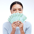 Money woman, face or portrait eyes with lottery win, competition giveaway or euro cash award. Finance trading person, financial freedom or prize winner wealth with studio payment on white background