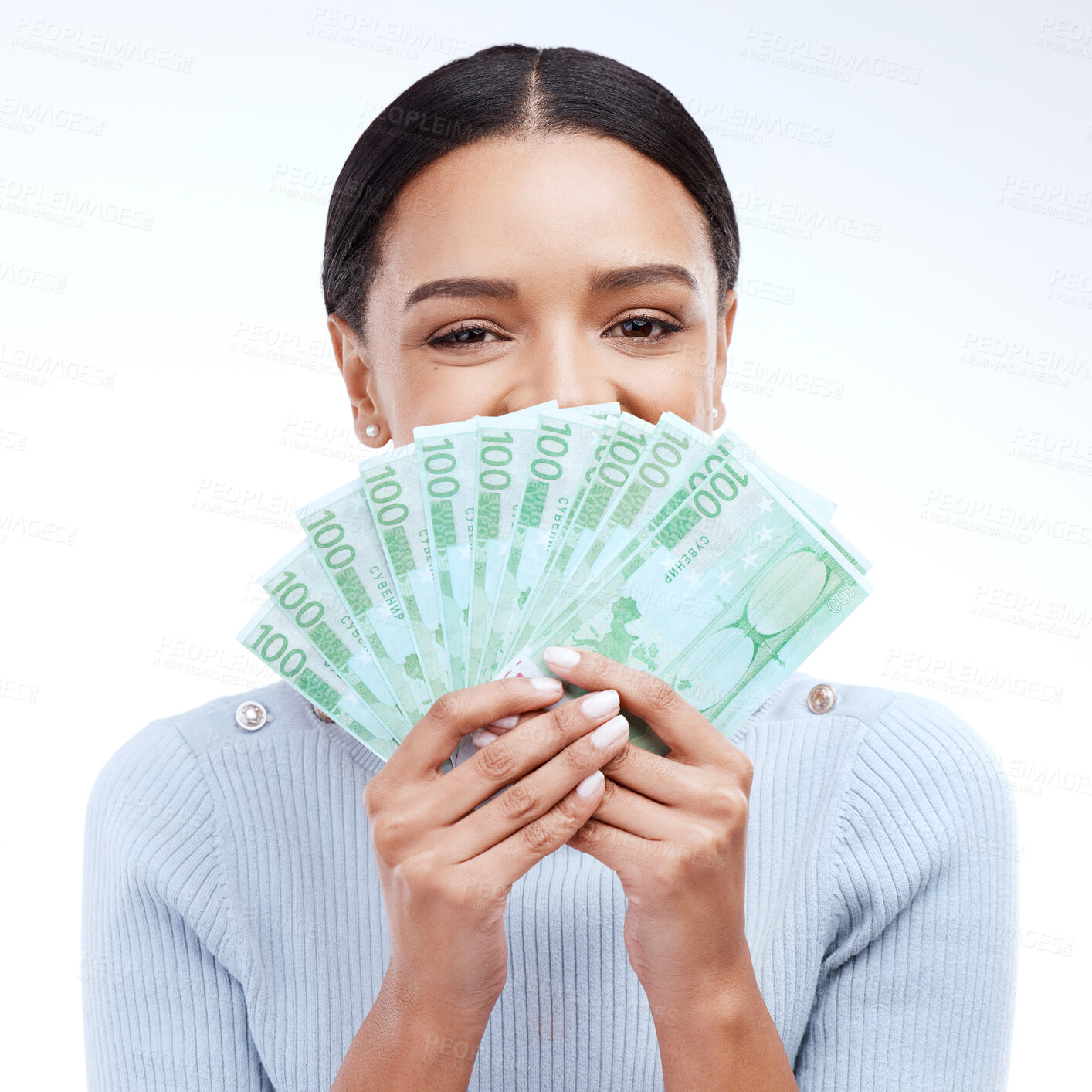 Buy stock photo Money woman, face or portrait eyes with lottery win, competition giveaway or euro cash award. Finance trading person, financial freedom or hiding winner with wealth payment on white background studio