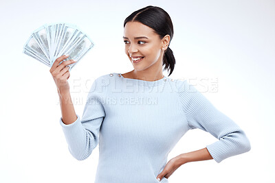 Buy stock photo Hand, happy and woman with money in studio for investment, savings and growth on white background. Winner, smile and cash for young female excited about financial freedom, lottery or winning prize