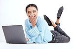 Studio, floor and woman with a laptop, smile and excited girl isolated on a white studio background. Female model, happy or person with device, connection or communication with joy, funny or cheerful