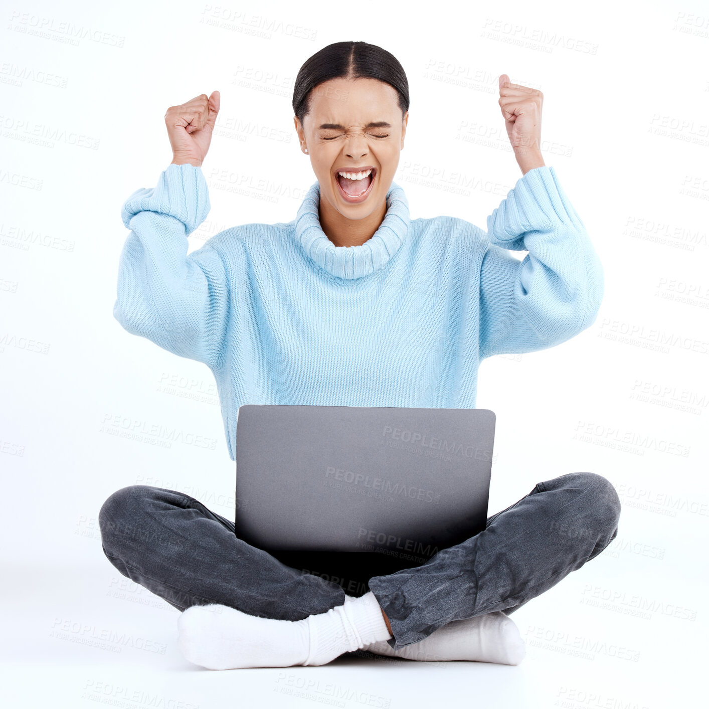 Buy stock photo Fist pump celebration, laptop winner and happy woman celebrate victory news, winning achievement or profit success. Cheers, bonus salary announcement and excited studio person on white background