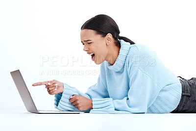 Buy stock photo Laptop, angry woman and studio feeling frustrated, upset and stress from email scam. Isolated, white background and female with computer spam and 404 tech problem from phishing on the ground