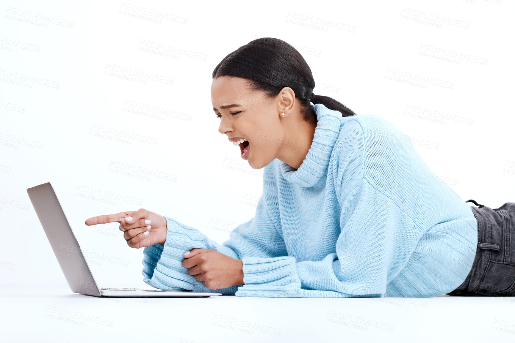 Buy stock photo Laptop, angry woman and studio feeling frustrated, upset and stress from email scam. Isolated, white background and female with computer spam and 404 tech problem from phishing on the ground