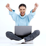Winner portrait, laptop and happy woman celebrate victory news, winning achievement or finished project. Celebration cheers, student success or excited studio person isolated on white background