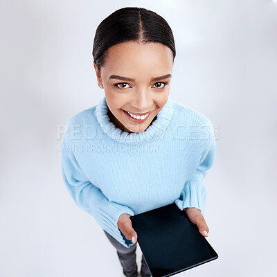 Buy stock photo Portrait of happy woman, tablet and top view in studio, isolated white background and mockup screen. Female model, digital technology and social media app for network, internet user or download ebook