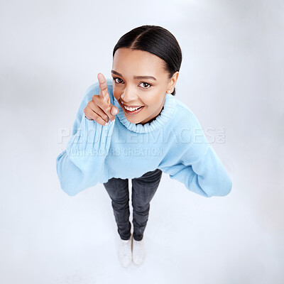 Buy stock photo Mock up, face portrait and happy woman point at sales promotion, advertising copy space or discount deal mockup. Brand commercial girl, studio top view or product placement female on white background