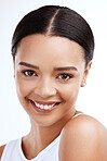 Face portrait, skincare and smile of woman in studio isolated on a white background. Natural cosmetics, beauty makeup and female model with glowing, healthy or flawless skin after facial treatment.