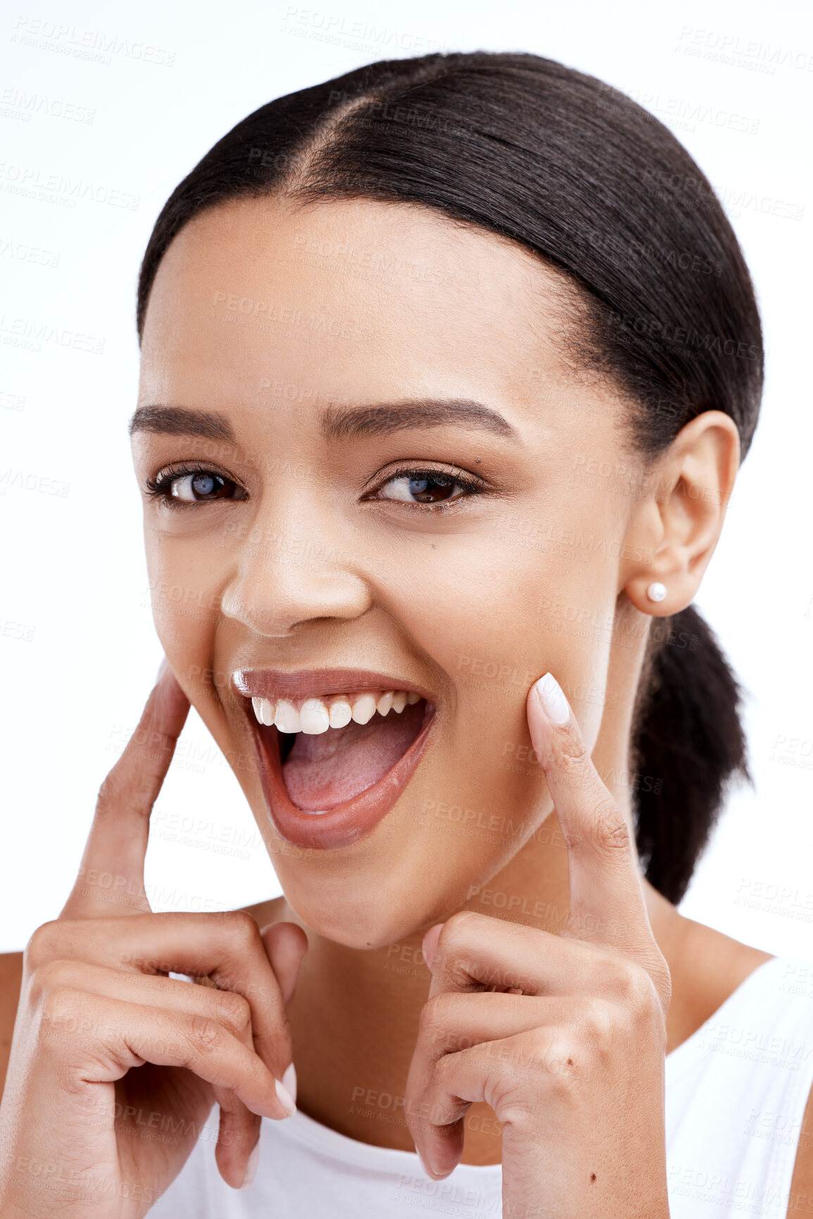 Buy stock photo Happy, gesture and portrait of a woman for beauty isolated on a white background in a studio. Smile, skincare and face of a young model looking confident about clear complexion and smooth skin