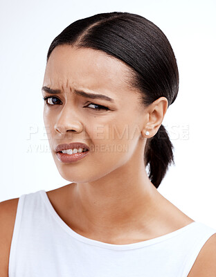 Buy stock photo Confused, portrait and woman in studio with attitude, annoyed and unsure against white background. Wtf, face and frustrated girl with doubt, contemplating and thinking emoji, pensive and offended