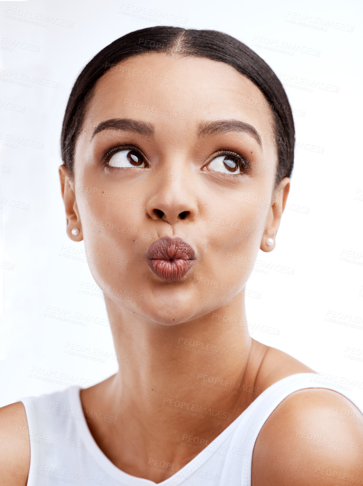 Buy stock photo Thinking face, skincare and pout of woman in studio isolated on a white background. Natural cosmetics, beauty makeup and female model with glowing, healthy or flawless skin after facial treatment.