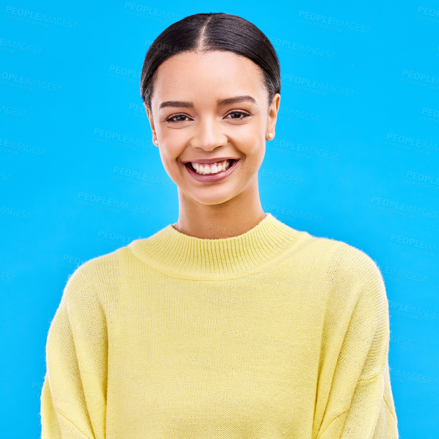 Buy stock photo Happy, fashion and portrait of woman in studio for relax, beauty and natural makeup. Cosmetics, mindset and happiness with face of female isolated on blue background for glow and cool satisfaction 