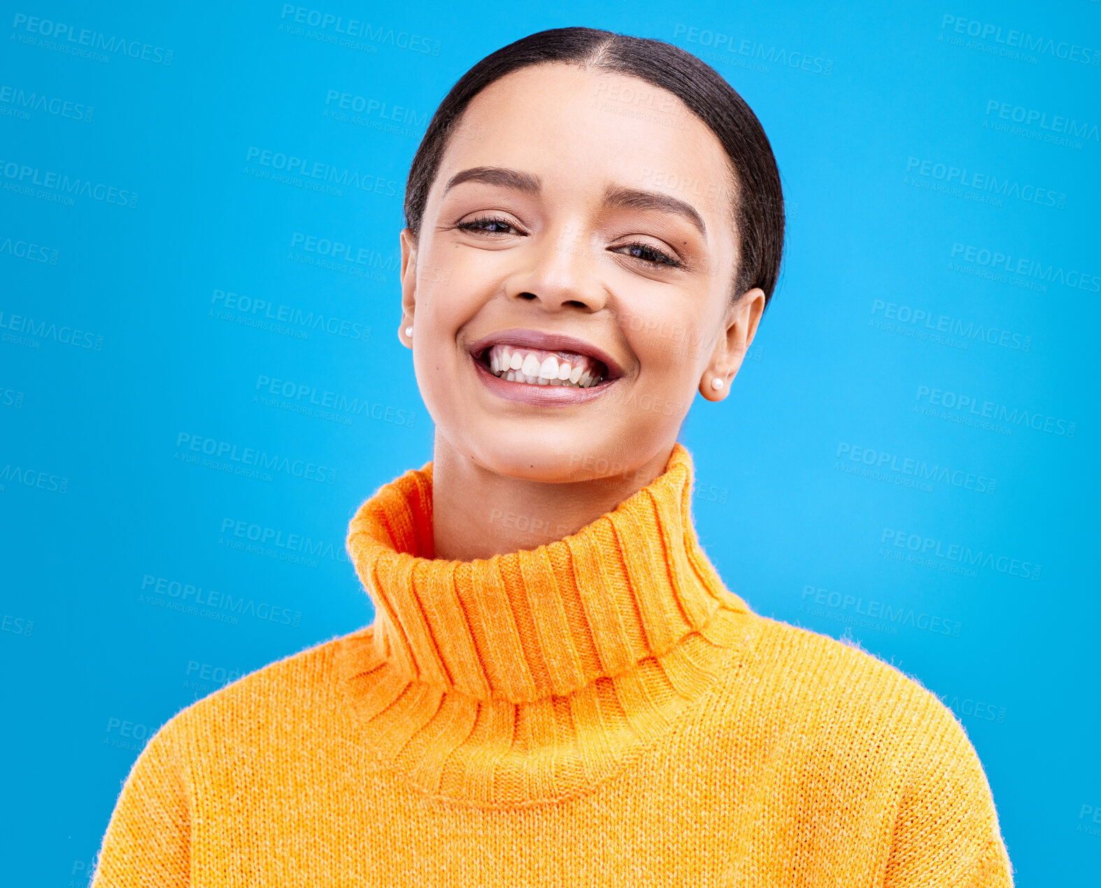 Buy stock photo Happy, face and portrait of woman in studio for relax, beauty and natural makeup. Cosmetics, fashion and happiness with Latino female isolated on blue background for glow, cool and satisfaction