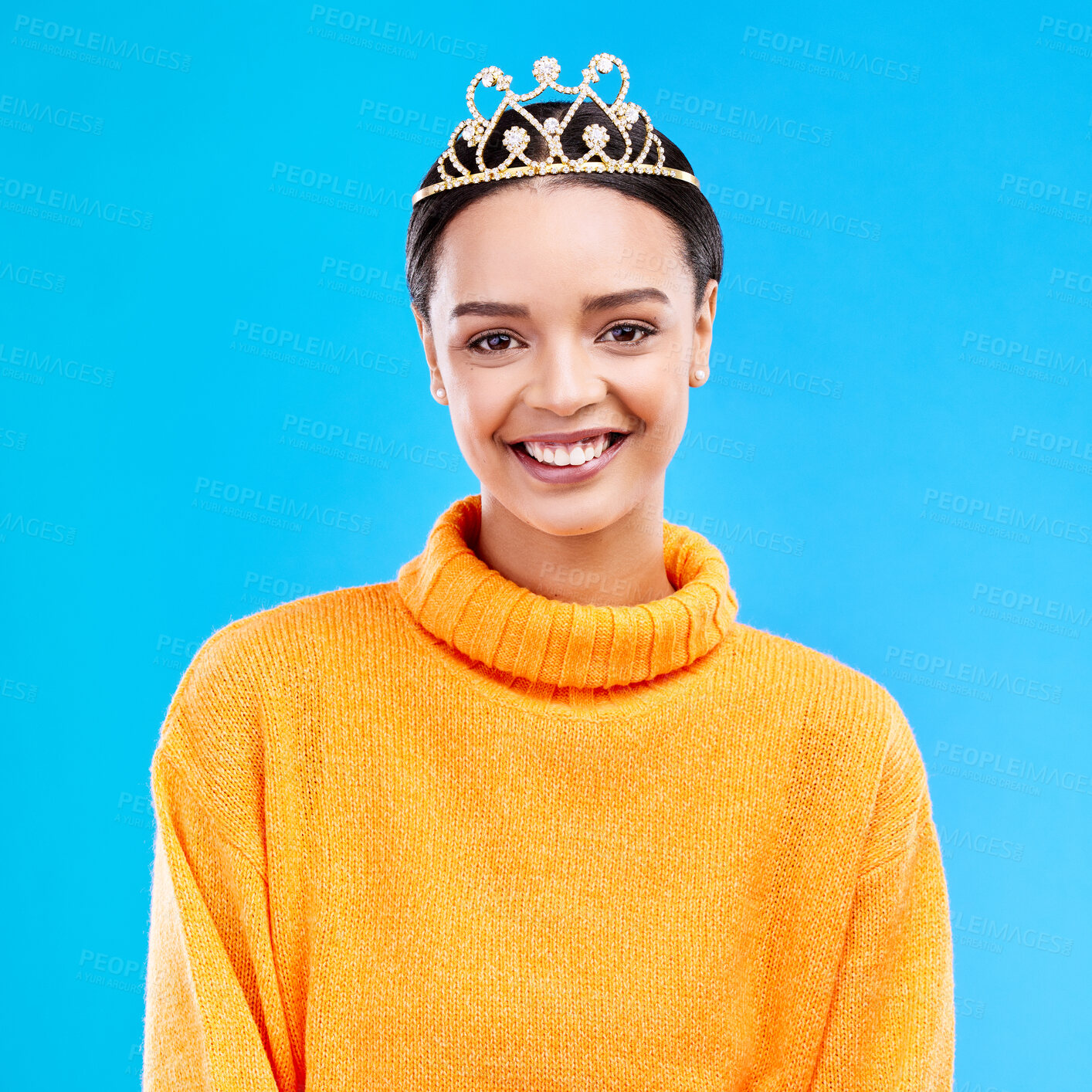 Buy stock photo Winner, crown and portrait of woman in studio for celebration, princess and party. Smile, beauty and fashion with female and tiara on blue background excited for achievement, winner and prom event