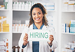 Pharmacist woman, smile and poster in portrait for hiring, job and opportunity in healthcare store. Pharmacy, small business owner and paper for recruitment, onboarding and announcement for medicine