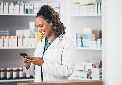 Buy stock photo Pharmacist, phone or happy woman texting in pharmacy to contact, email communication or reading chat. Social media, or doctor on mobile app, typing or searching medical news on internet in workplace 