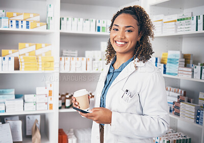 Buy stock photo Pharmacist, phone or portrait of woman with coffee texting in pharmacy to contact email or online chat. Social media, happy or doctor on mobile app, typing or searching medical news on tea break 