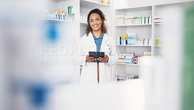 Buy stock photo Tablet, pharmacist or portrait of woman in pharmacy with smile in customer services or wellness clinic. Online digital healthcare help, blurry or happy doctor smiling by medication on drugstore 