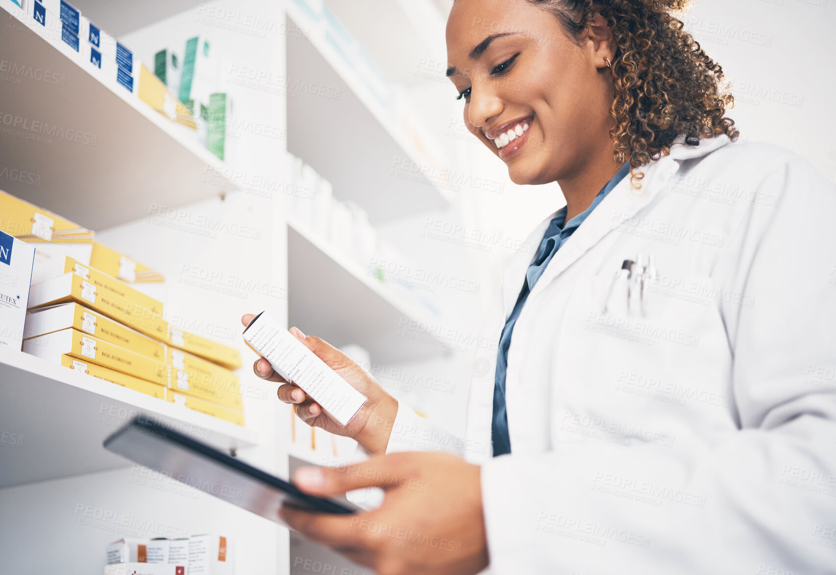 Buy stock photo Tablet, stock and medical with a pharmacist woman at work to fill an online order or prescription. Healthcare, product and insurance with a female working as a medicine professional in a pharmacy