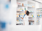 Tablet, pharmacy or woman by shelf with medicine pills or supplements products to check drugs inventory. Blurry or pharmacist with boxes of medical products, supplements stock or retail medication