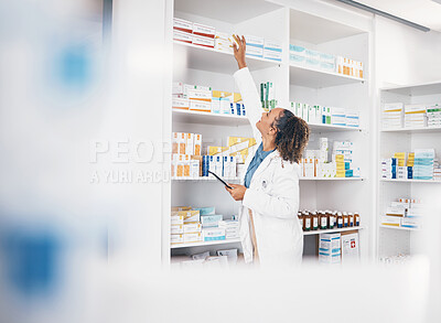 Buy stock photo Tablet, pharmacy or woman by shelf with medicine pills or supplements products to check drugs inventory. Blurry, doctor or pharmacist checking boxes of medical stock or retail medication checklist