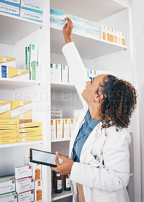 Buy stock photo Shelf, pharmacy product and woman with tablet or medicine management, stock research or medical inventory. Digital technology, logistics and medical doctor or pharmacist for pharmaceutical e commerce