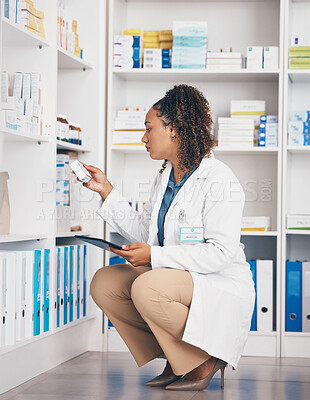 Buy stock photo Tablet, stock and insurance with a pharmacist woman at work to fill an online order or prescription. Medical, product and healthcare with a female working as a medicine professional in a pharmacy