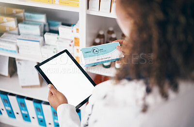 Buy stock photo Tablet, mockup or woman pharmacist with medicine pills or supplements products to check inventory. Marketing space, digital screen or doctor with boxes of medical drugs or retail pharmacy stock 