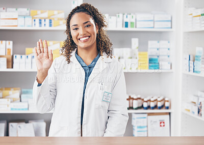 Buy stock photo Wave, pharmacist or portrait of woman in pharmacy with smile in customer services or wellness clinic. Healthcare help desk, welcome or happy doctor with hello greeting by medication on drugstore 