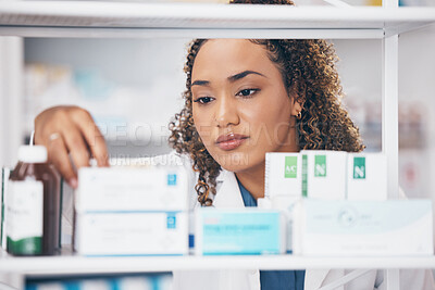 Buy stock photo Reading, woman or pharmacist with medicine pills or supplements products to check drugs inventory. Wellness, healthcare or doctor with boxes of medical product or stock on shelf in retail pharmacy