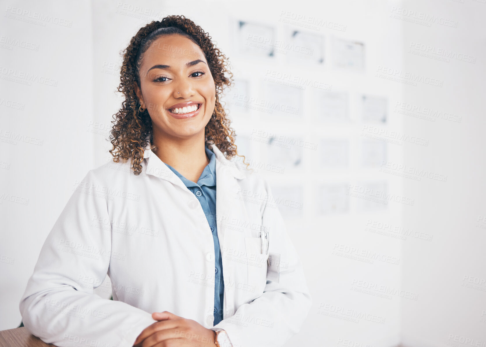 Buy stock photo Portrait, doctor or happy woman in healthcare hospital with smile, pride or trusted medical advice to help. Life insurance, wellness or face of cardiology expert smiling or working in a clinic office 