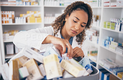 Buy stock photo Woman, pills and pharmacist in pharmacy with drugs, healthcare and medicine in drug store. Vitamins, supplements and female search for prescription medication with stock and pharmaceutical industry