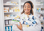 Happy woman, pills and pharmacist in pharmacy with drugs, healthcare and medicine in drug store. Vitamins, supplements and female smile with prescription medication in pharmaceutical industry