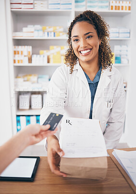 Buy stock photo Credit card, pharmacy medicine or happy woman giving package to pov patient or customer shopping. Pharmacist help desk, payment or doctor with pharmaceutical note or medical product receipt in clinic