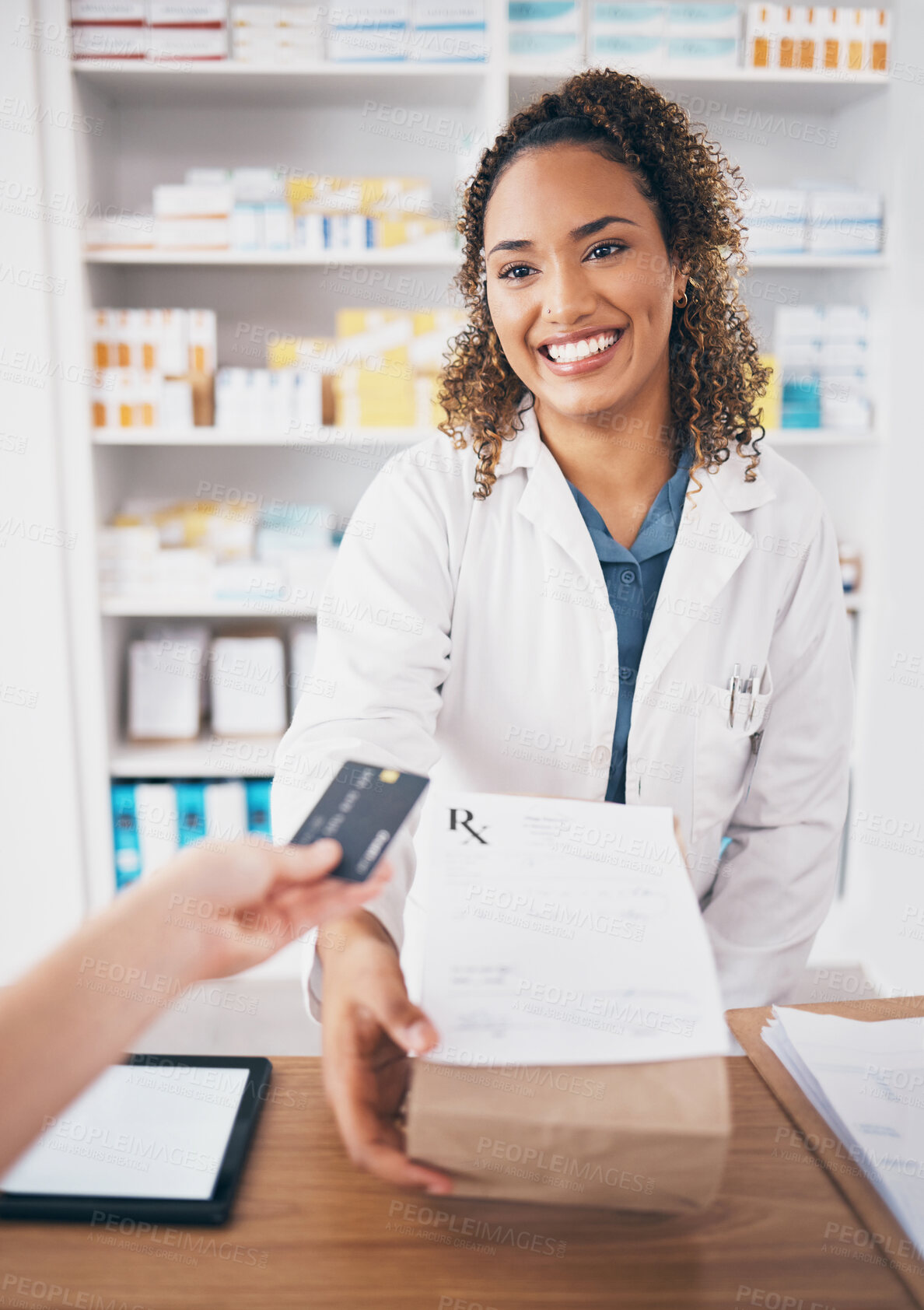 Buy stock photo Credit card, pharmacy medicine or happy woman giving package to pov patient or customer shopping. Pharmacist help desk, payment or doctor with pharmaceutical note or medical product receipt in clinic