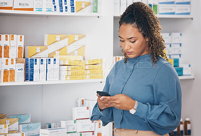 Buy stock photo Pharmacy, shelf and phone of woman check information online, product quality on internet or healthcare choice. Customer on mobile app or website for medical research of supplements or drugs in store