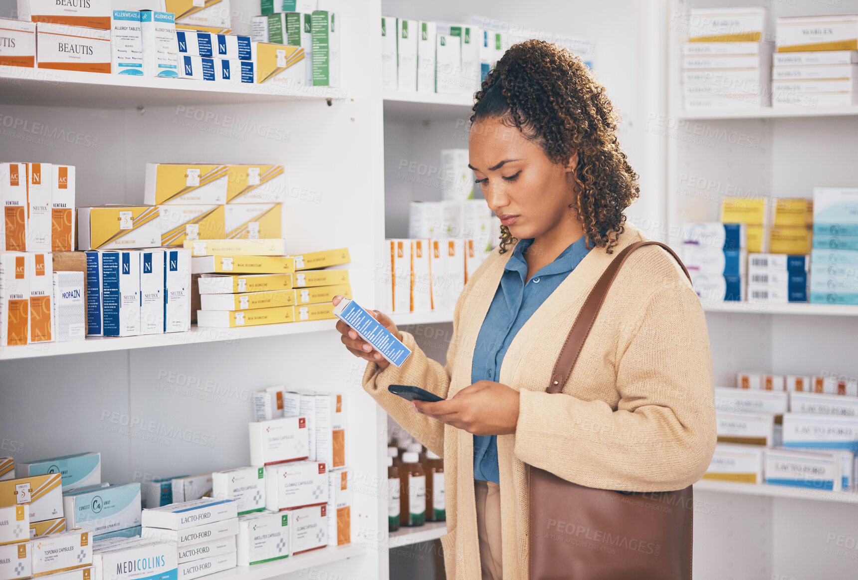 Buy stock photo Pharmacy, medication and woman customer shopping for healthcare products or drugs in a drugstore. Dispensary, medical and female doing research with a phone on medicine in retail pharmaceutical shop.